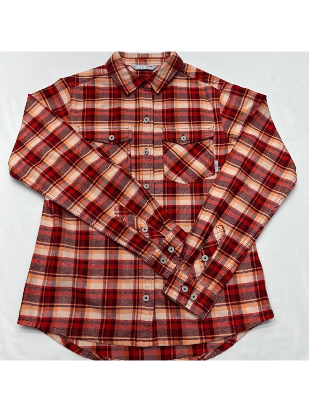 STIO Women's Plaid Flannel Top S Orange/Red Organic Cotton